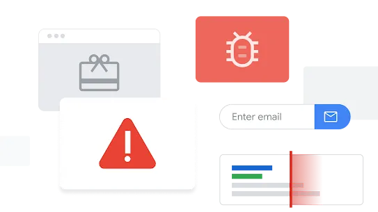 Ilustrovaná okna Vyhledávání představující malware, spamové stránky a pochybný obsah